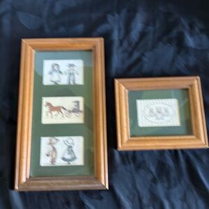 Pair of rustic farmhouse Amish scenes & Kitten prints in light stain wood frames